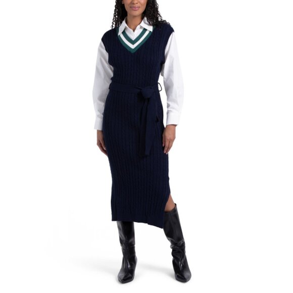 EN SAISON Navy/green Spencer Mixed Media Midi Dress - Picture 1 of 2